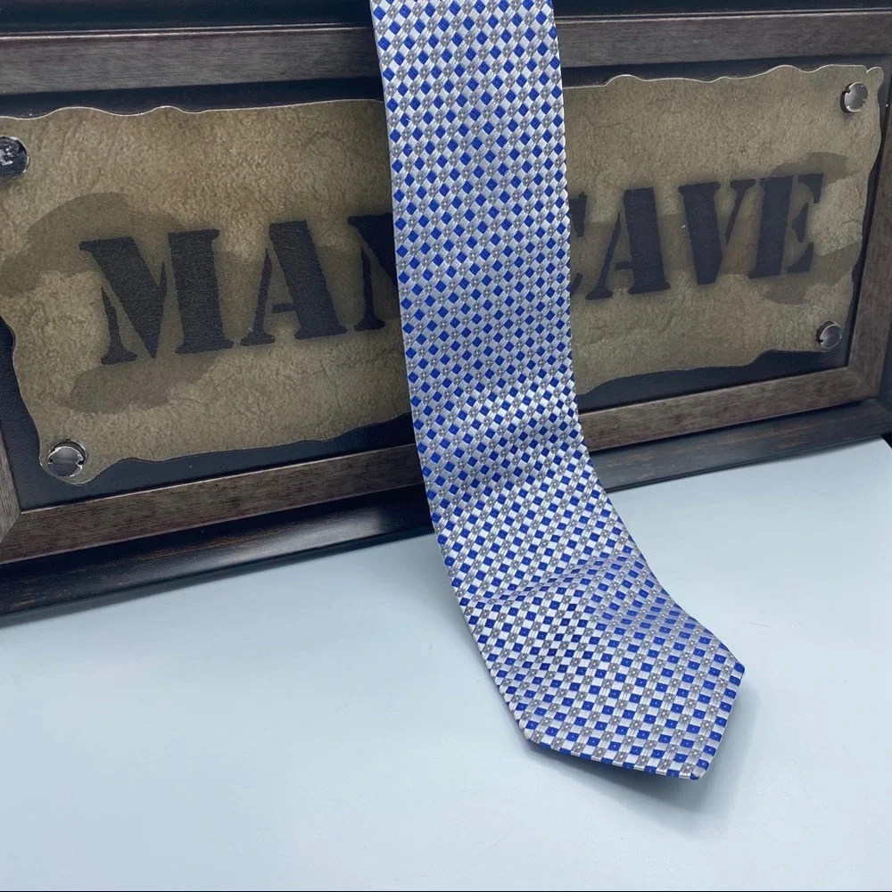 Ike Behar White Blue Gold‎ Square Design Silk Tie